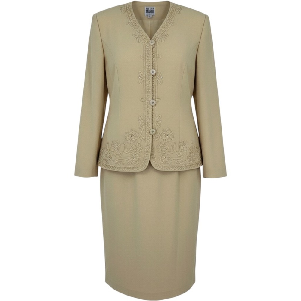 R&M Richards Karen Kwong Butter NWT Soutache Skirt Suit Set Rhinestone 16 VTG
